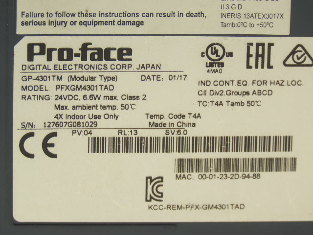 Pro-face PFXGM4301TAD HMI Color Touch Screen Panel Cracked Plastic Read Desc.