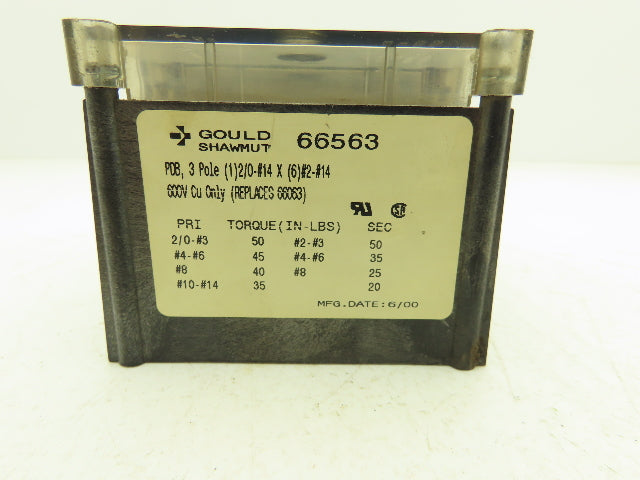 Ferraz Shawmut 66563 Power Distribution Block PDB 600V 3 Pole 2/0-14awg