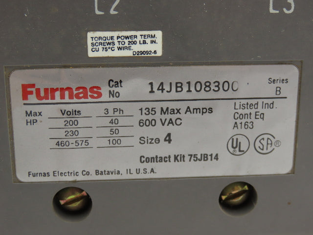 Furnas 14JB108300 Motor Starter 135A 600VAC 3ph 100Hp NEMA 4 120V Coil