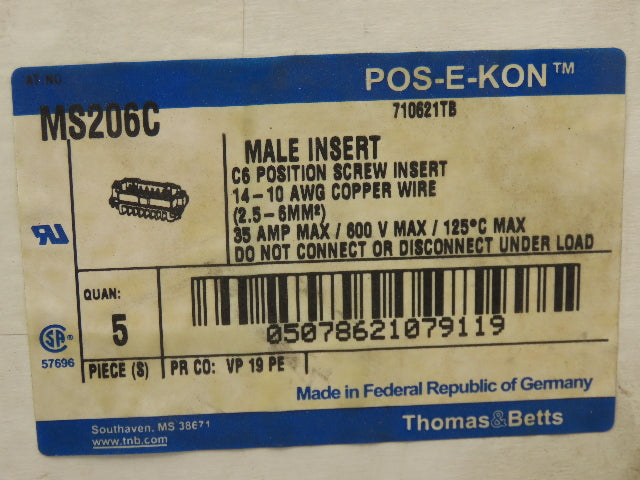 Thomas & Betts MS206C POS-E-KON Pin & Sleeve Male Plug Insert 35A 600V Lot of 5