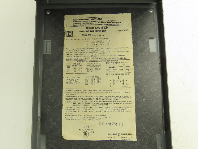 Square D QMB-224 Fusible Panelboard Bus Switch 200A 2-Pole 240VAC Series D2
