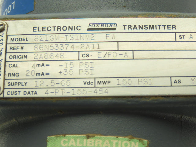 Foxboro 821GM-IS1NM2 Pressure Transmitter 1/2"NPT 12.5-65vdc