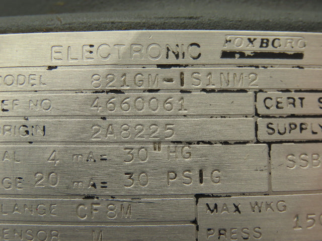 Foxboro 821GM-IS1NM2 Pressure Transmitter 1/2"NPT 12.5-65vdc 0-30PSI