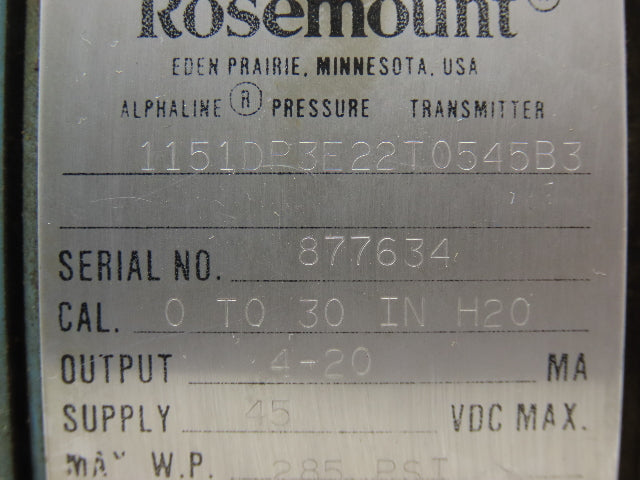 Rosemount 1151DP3E22T0545B3 Electronic Pressure Transmitter 45VDC 285psi
