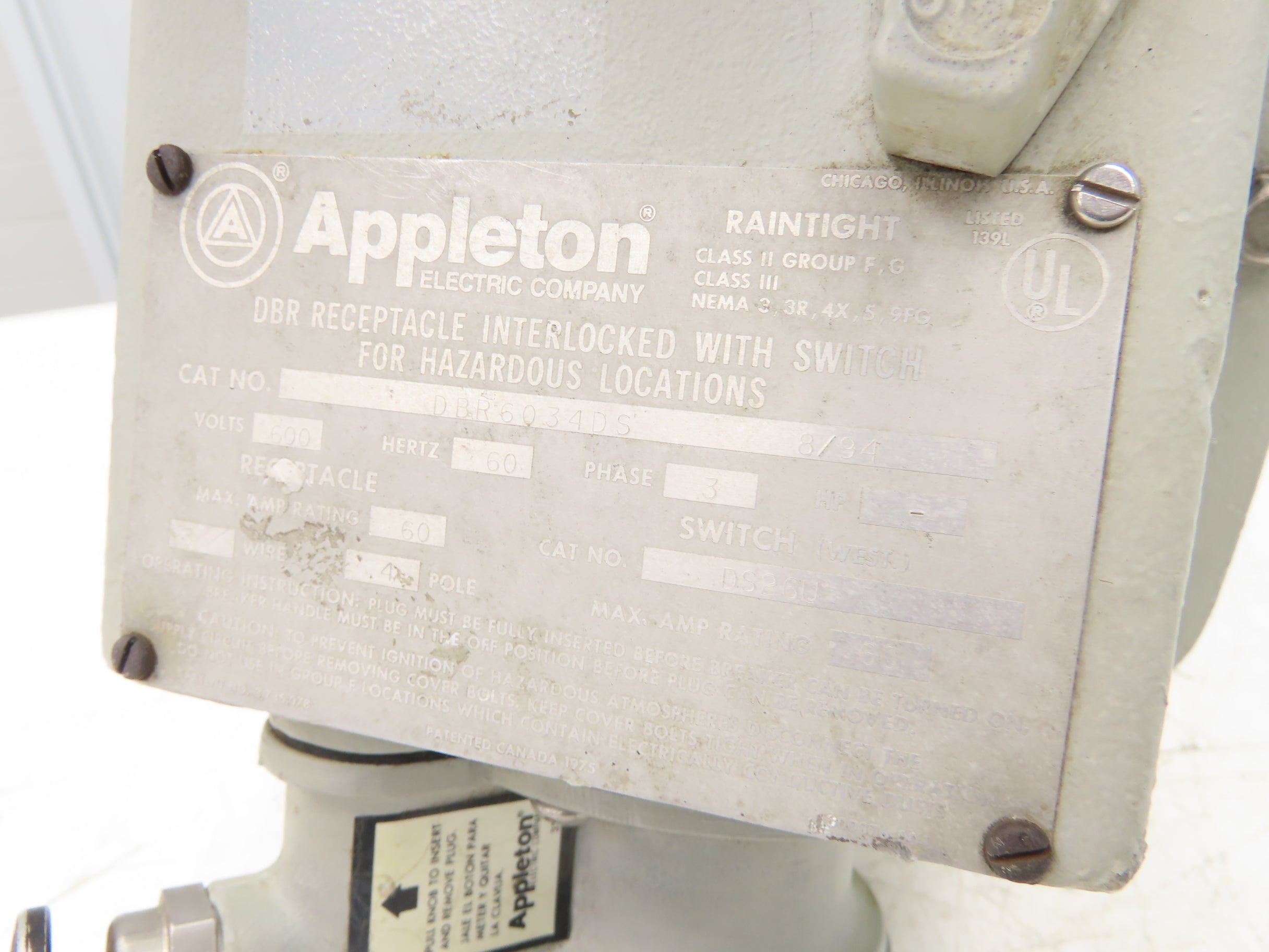 Appleton DBR Receptacle Enclosure For Circuit Breaker Hazardous Locati