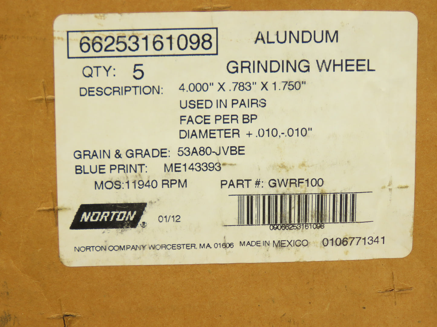 Norton 53A80-JVBE Alundum Grinding Wheel 4"x 0.783"x 1.75" Lot of 14