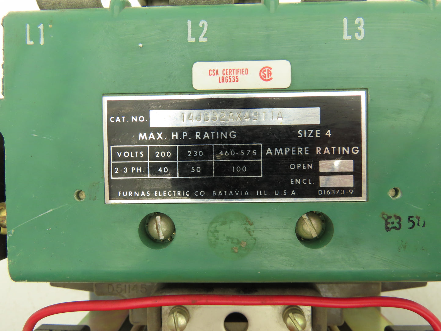 Furnas 14JB32AX4911A NEMA Size 4 Motor Starter 100A 575VAC 25Hp 230/460V Coil