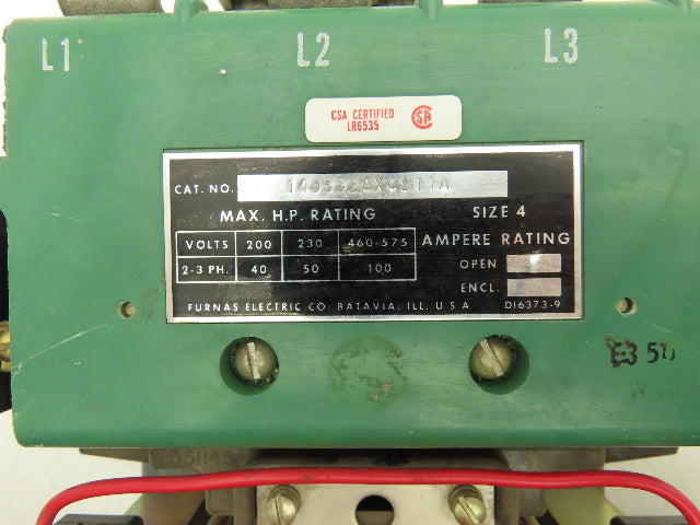 Furnas 14JB32AX4911A NEMA Size 4 Motor Starter 100A 575VAC 25Hp 230/460V Coil