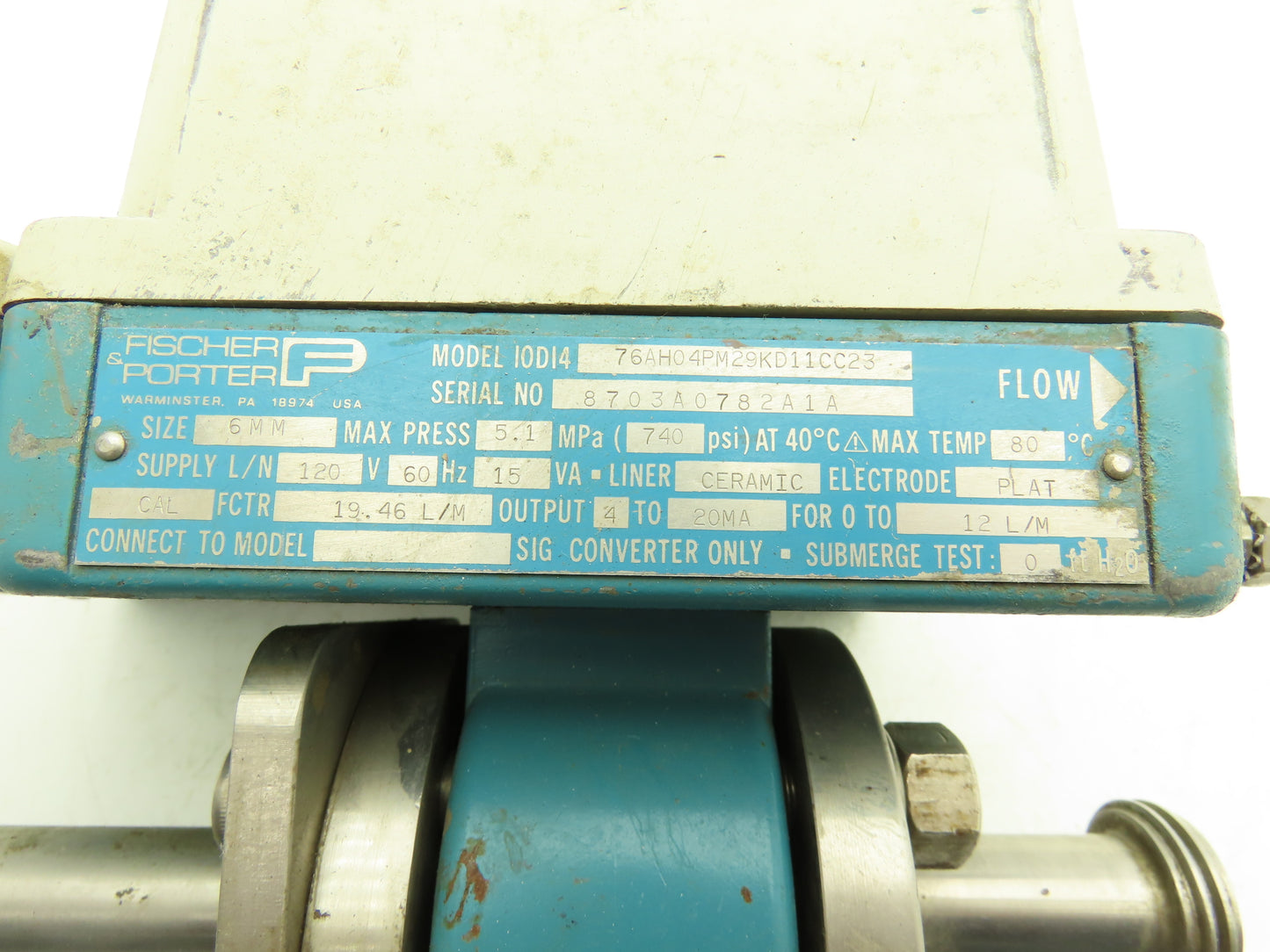 Fischer Porter 10D14 76AH04PM29KD11CC23 Magnetic Flow Meter Flow Tube 740PSI