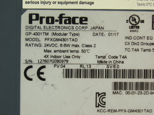 Pro-face PFXGM4301TAD HMI Color Touch Screen Panel Cracked Plastic Read Desc.