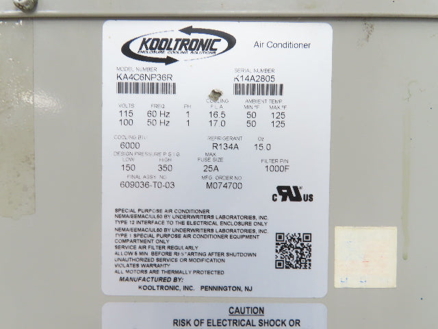 Kooltronic KA4C6NP36R Enclosure Cooling Air Conditioner AC 6000 BTU 120V 1PH