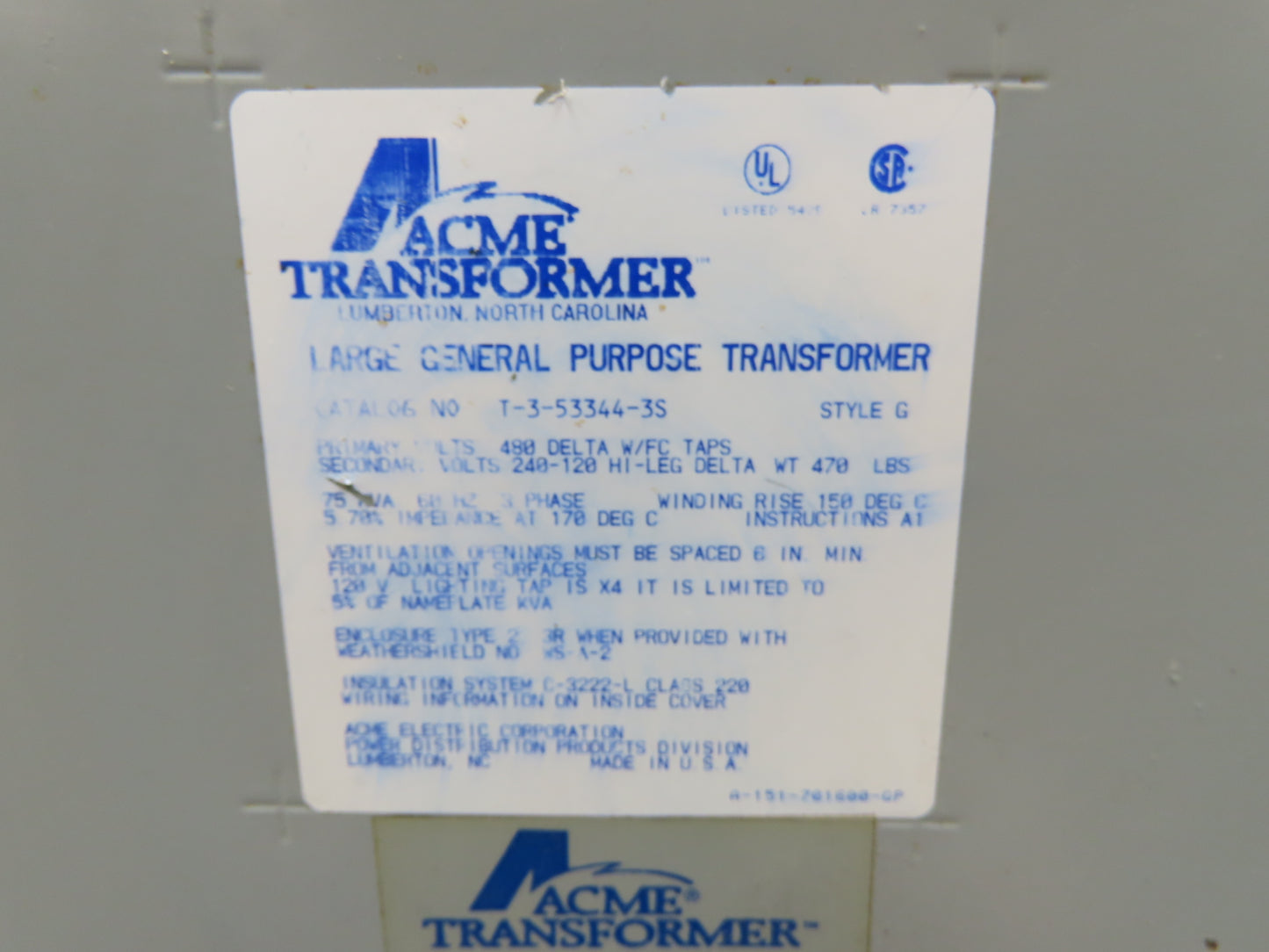 ACME T-3-53344-3S Stepdown Power Transformer 75kva 3Ph HV 480Y LV 240/120Y