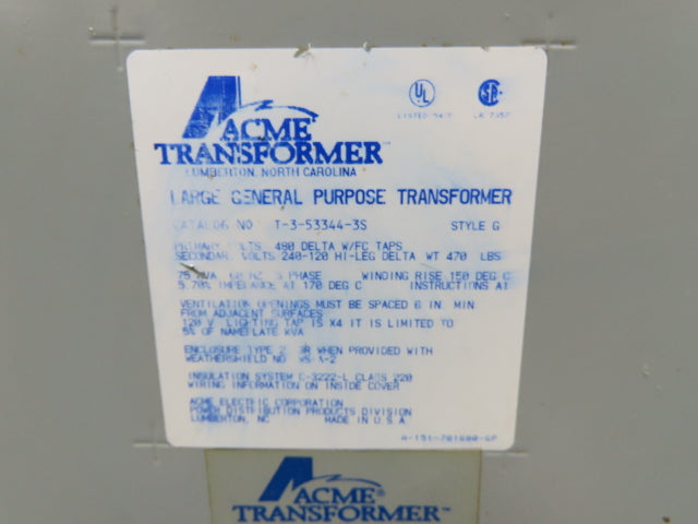 ACME T-3-53344-3S Stepdown Power Transformer 75kva 3Ph HV 480Y LV 240/120Y