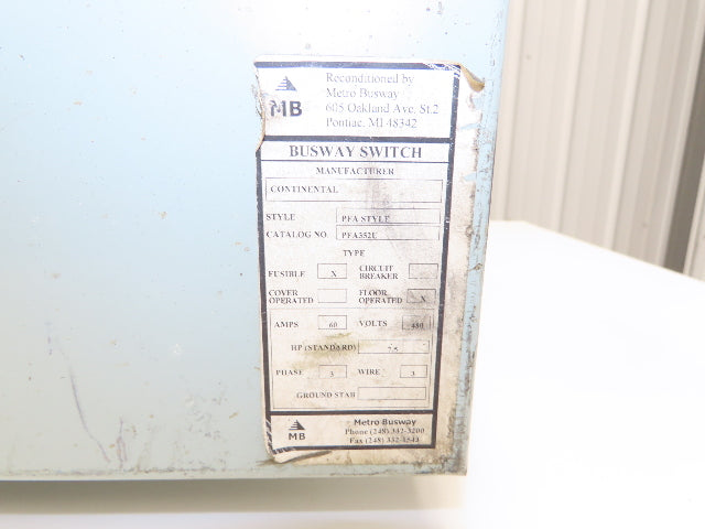Continental PFA352U FusibleBusway Disconnect Switch