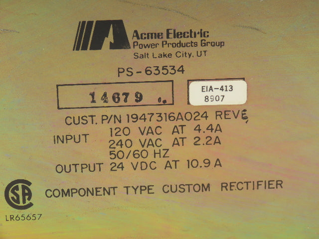 Acme Electric 1947316A024 PLC Power Supply Module 120V Input 240VAC Rev E