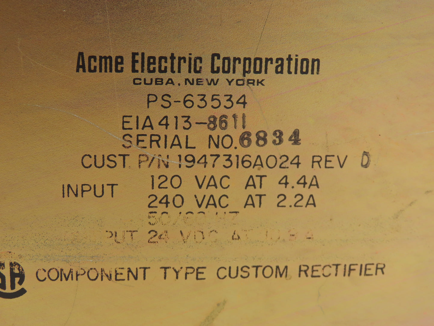 Acme Electric 1947316A024 PLC Power Supply Module 120V Input 240VAC Rev D