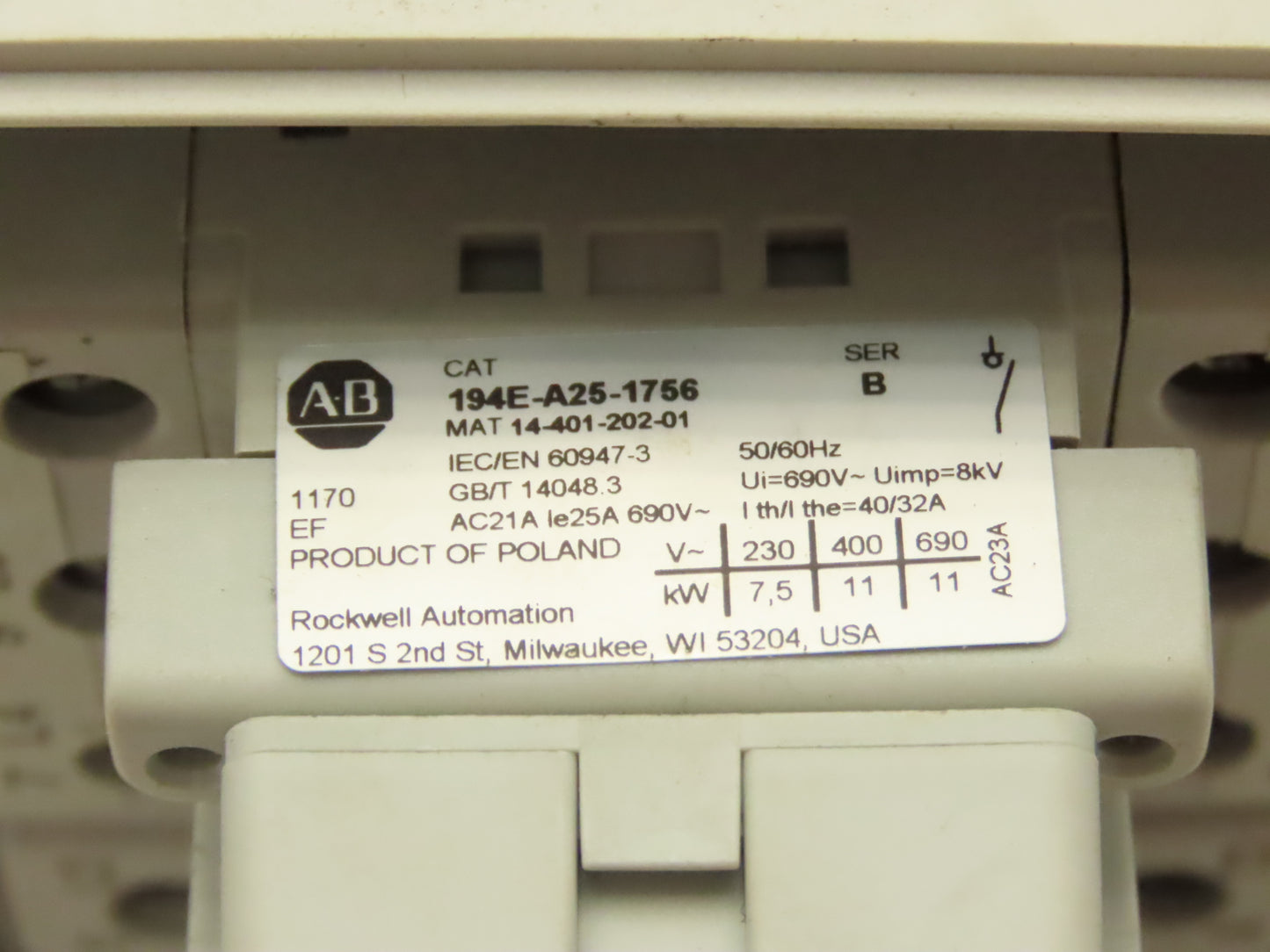 Allen Bradley 194E-A25-1756 Disconnect Load Switch 25A 600V 3PH 7x5x4" Enclosure