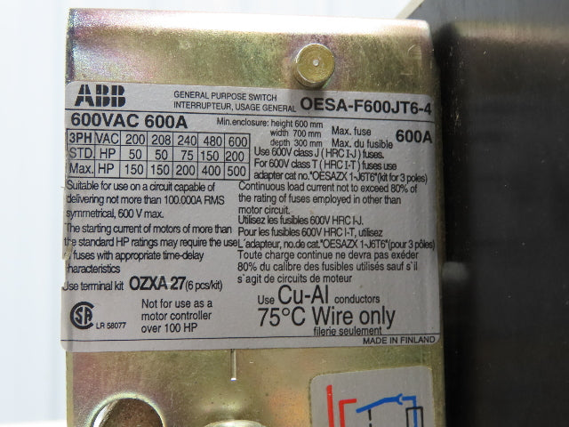 ABB OESA-F600JT6-4 Fusible Disconnect Switch 600A 600VAC 4 Pole Fused
