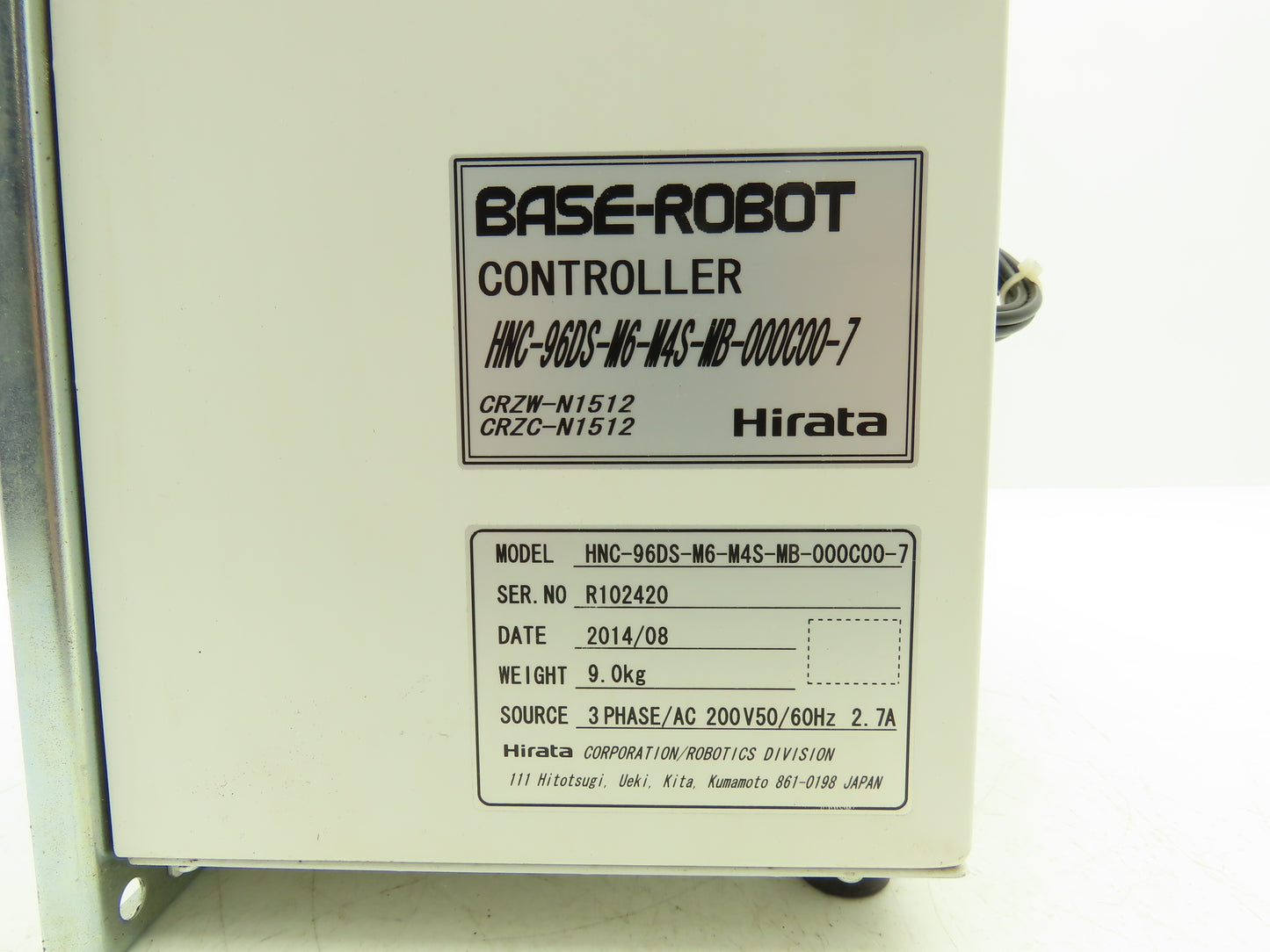Hirata CRZC-N1512 Base Robot Controller 200VAC 50/60Hz 3ph 2.7A