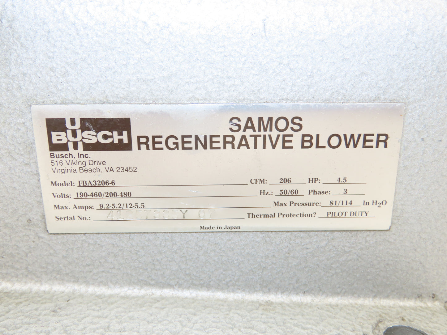 FBA3206-6 Ring Compressor Samos Regenerative Blower 206cfm 4.5Hp 480VAC 2"NPT