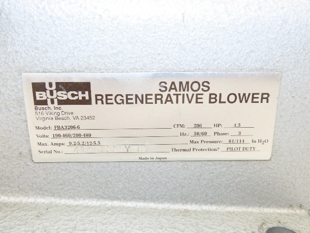 FBA3206-6 Ring Compressor Samos Regenerative Blower 206cfm 4.5Hp 480VAC 2"NPT