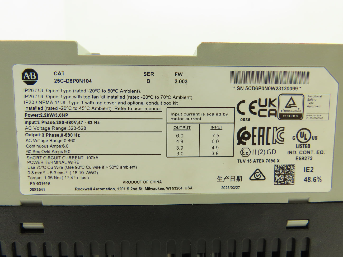 Allen Bradley 25C-D6P0N104 PowerFlex 527 Variable AC Drive VFD 3HP 480V 3PH