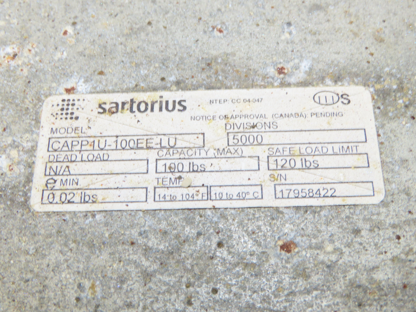 Sartorius CAPP1U-100EE-LU Digital Scale 18x18" Base Only No Display 100lbs
