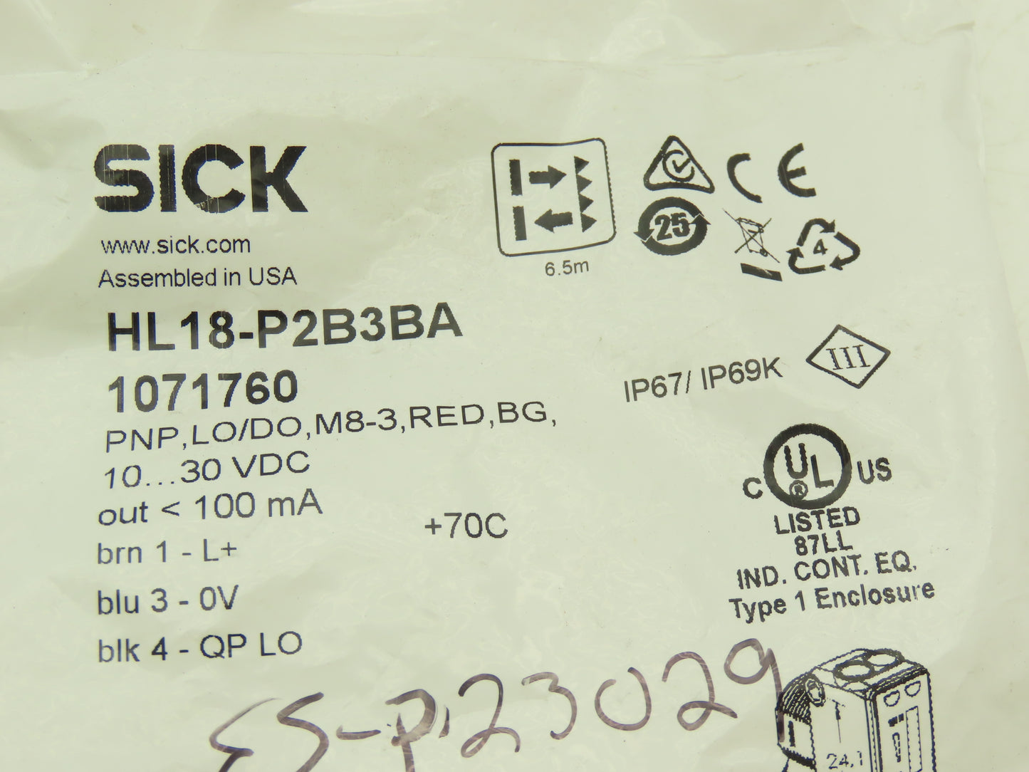 Sick HL18-P2B3BA Photoelectric Proximity Sensor 0.03-6.5m Sensing Range