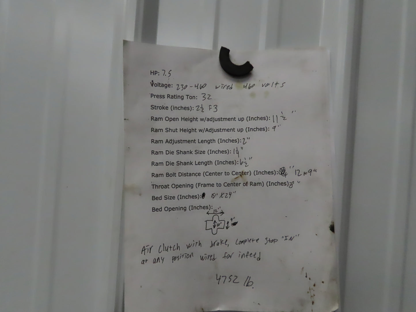 Federal Mechanical OBI Punch Press 32 Ton Air Brake Clutch 1-1/2" Stroke 7.5Hp