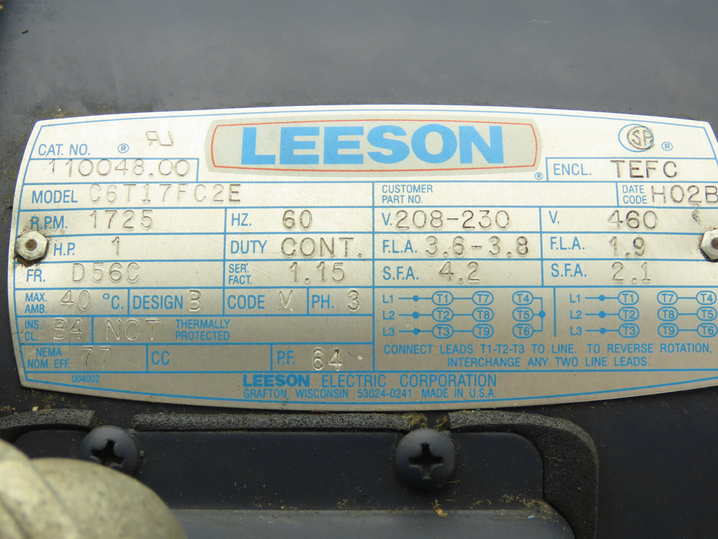 Leeson C6T17FC2E AC Motor 1Hp 1725rpm 230/460V 3PH D56C TEFC 110048.00