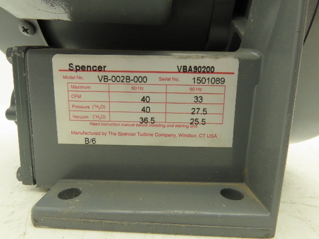 Spencer VB-002B-000 Vortex Regenerative Blower 40cfm 1"npt .25Hp 3300rpm 230/460