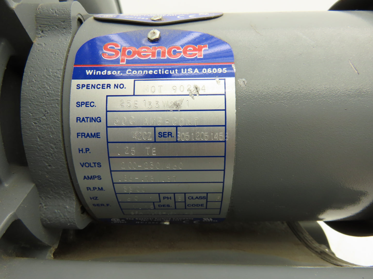 Spencer VB-002B-000 Vortex Regenerative Blower 40cfm 1"npt .25Hp 3300rpm 230/460