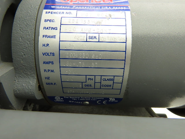 Spencer VB-002B-000 Vortex Regenerative Blower 40cfm 1"npt .25Hp 3300rpm 230/460