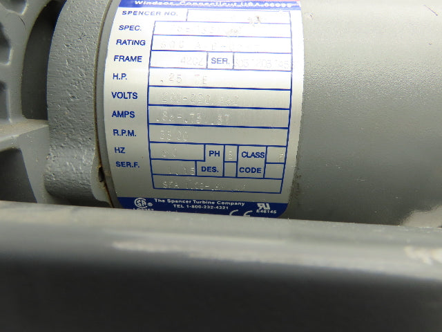Spencer VB-002B-000 Vortex Regenerative Blower 40cfm 1"npt .25Hp 3300rpm 230/460