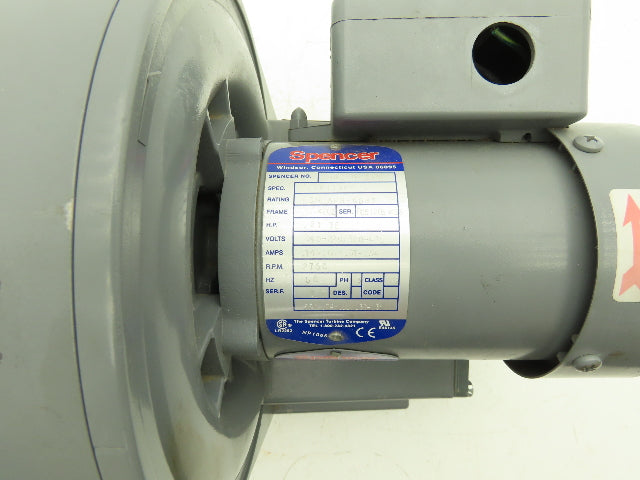 Spencer VB-002B-000 Vortex Regenerative Blower 40cfm 1"npt .25Hp 3300rpm 230/460
