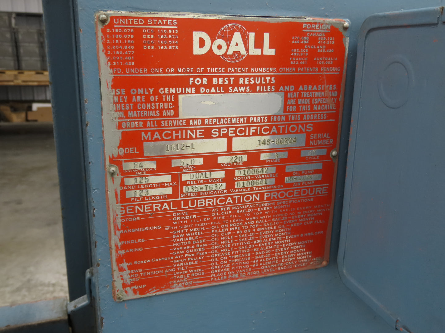 Doall 1612-1 Contourmatic 16" Vertical Bandsaw 1-1/2Hp 230V 3Ph Blade Welder