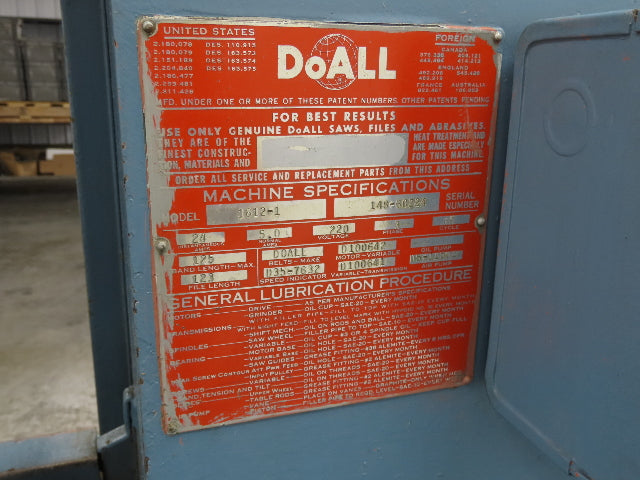 Doall 1612-1 Contourmatic 16" Vertical Bandsaw 1-1/2Hp 230V 3Ph Blade Welder