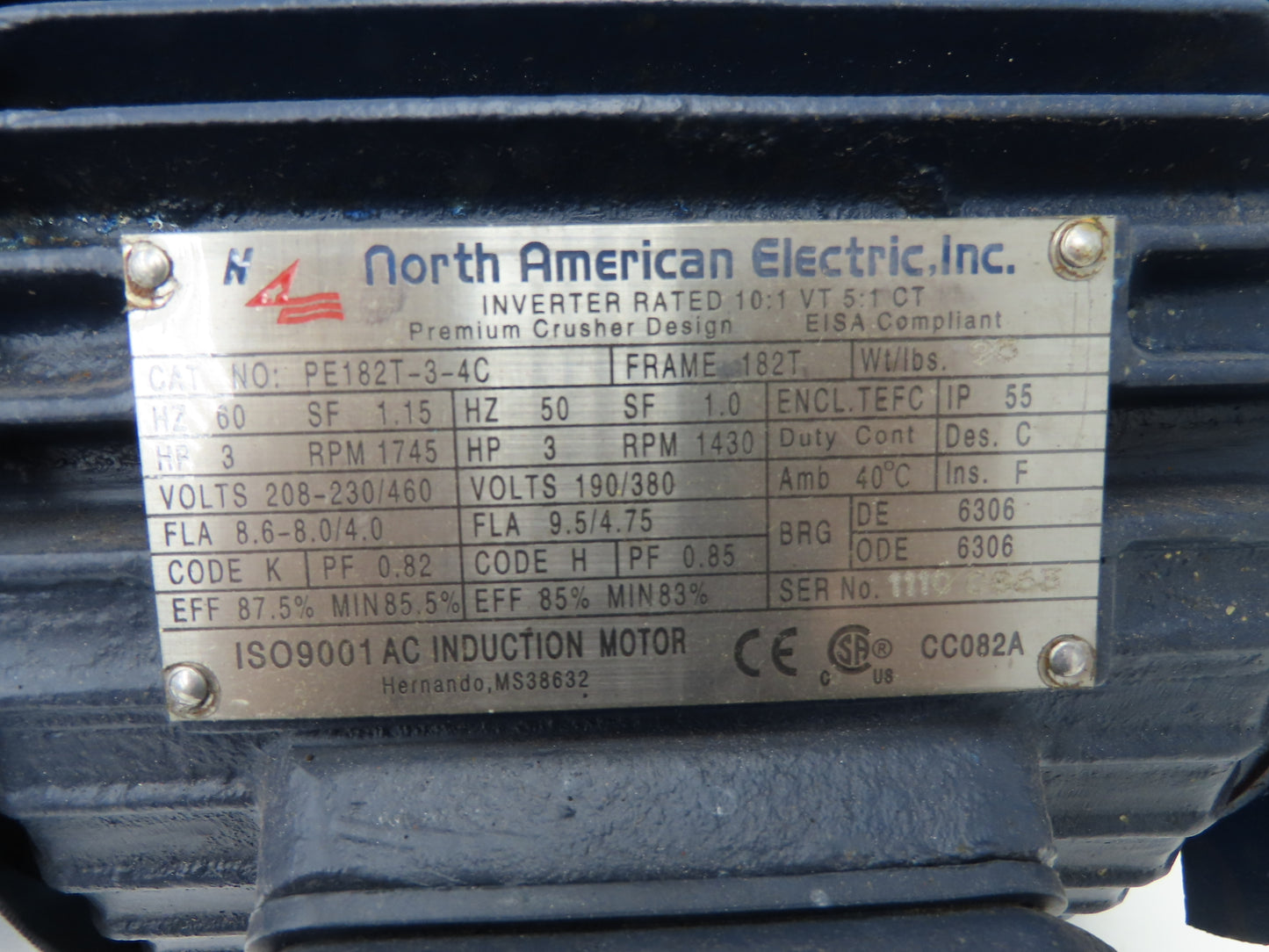 North American Electric PE182T-3-4C AC Motor 3Hp 1745 RPM 230/460V 3PH 182T TEFC