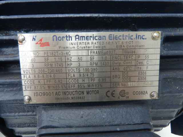 North American Electric PE182T-3-4C AC Motor 3Hp 1745 RPM 230/460V 3PH 182T TEFC