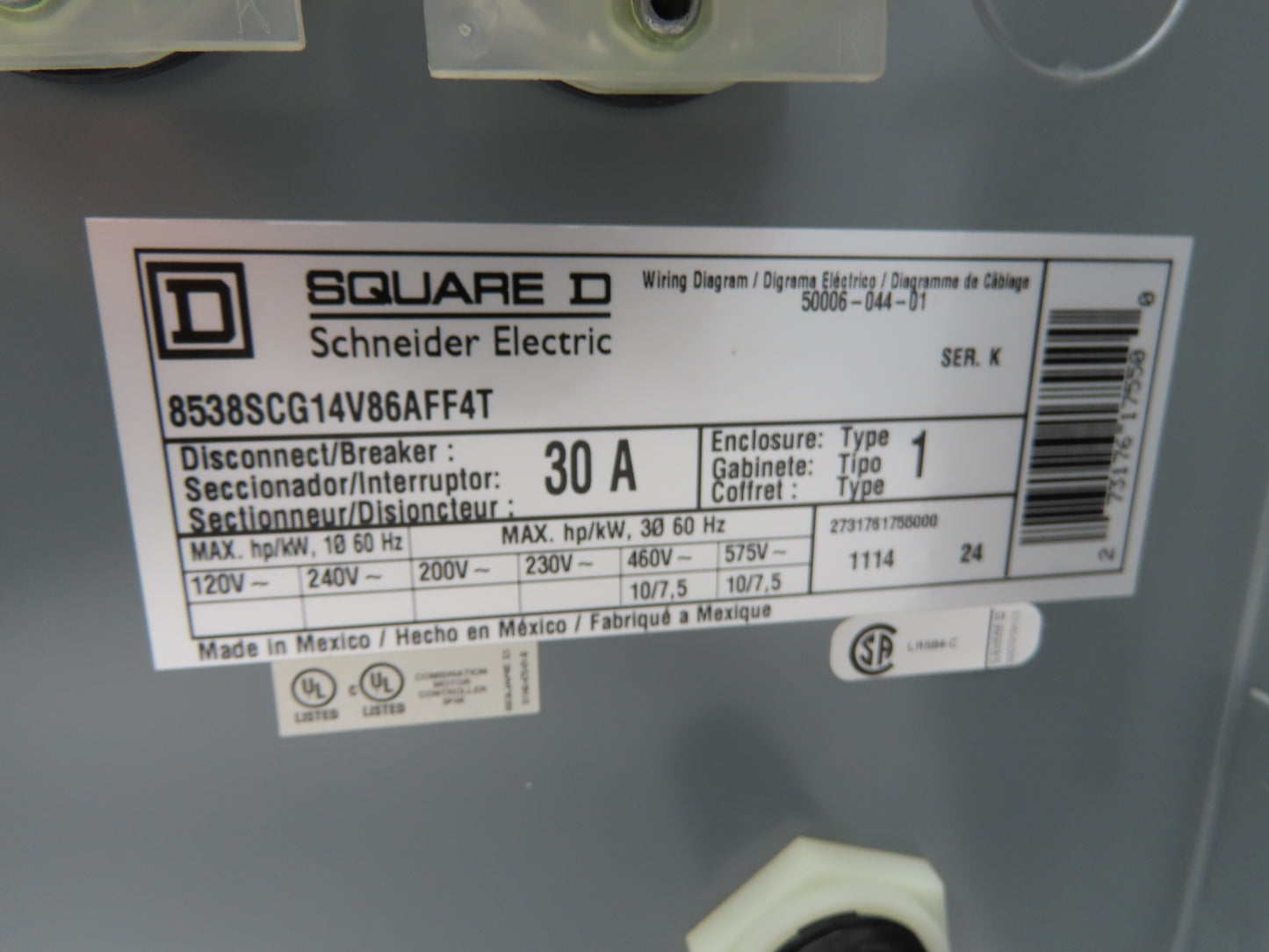 Square D Combination Motor Starter Non Fusible 10HP 600V 3ph 120V Coil