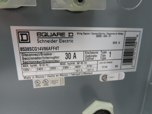 Square D Combination Motor Starter Non Fusible 10HP 600V 3ph 120V Coil