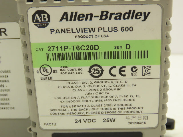 Allen Bradley 2711P-T6C20D PanelView Plus 600 Touch Screen PLC HMI SER D 24VDC