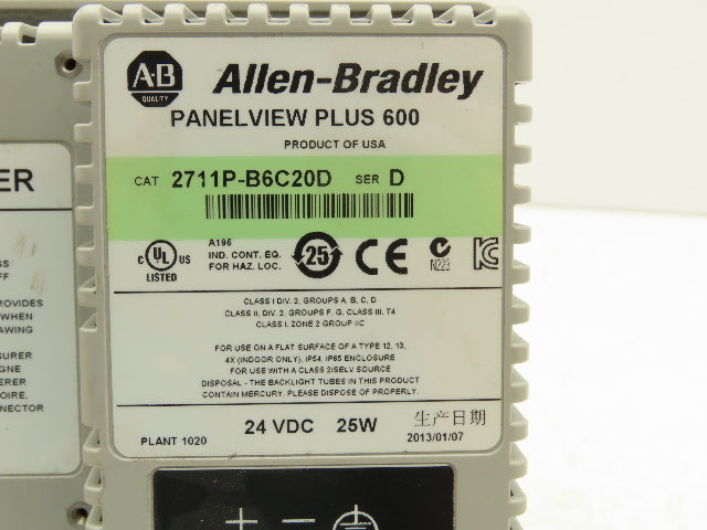 Allen Bradley 2711P-B6C20D PanelView Plus 600 Ser D HMI Control Panel
