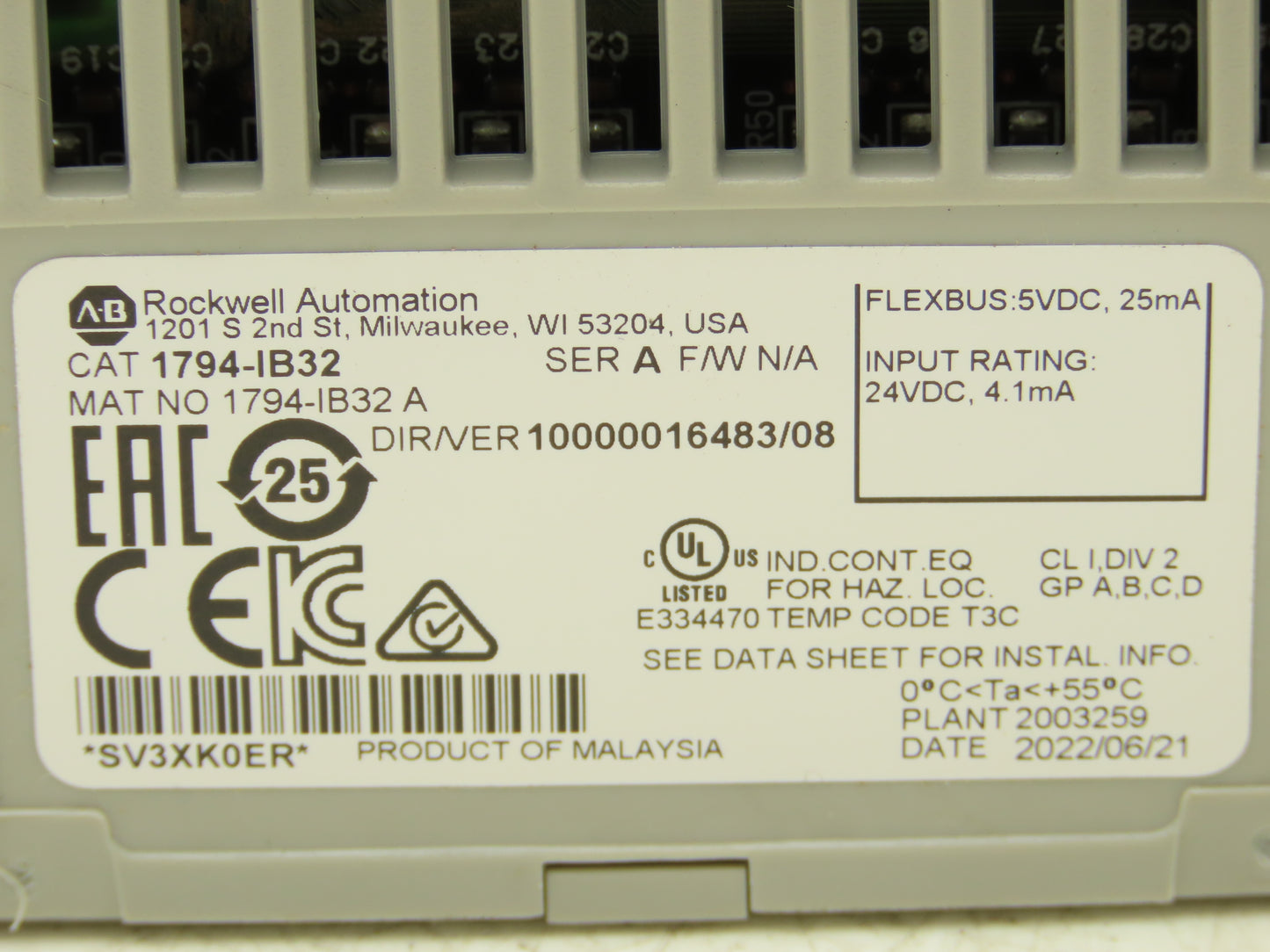 Allen-Bradley 1794-IB32 Input Module I/O 32 Point 24VDC Ser A W/Base 1794-TB32