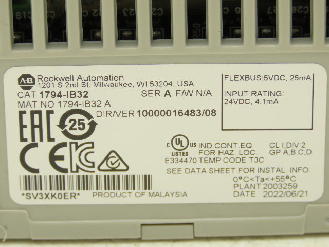 Allen-Bradley 1794-IB32 Input Module I/O 32 Point 24VDC Ser A W/Base 1794-TB32