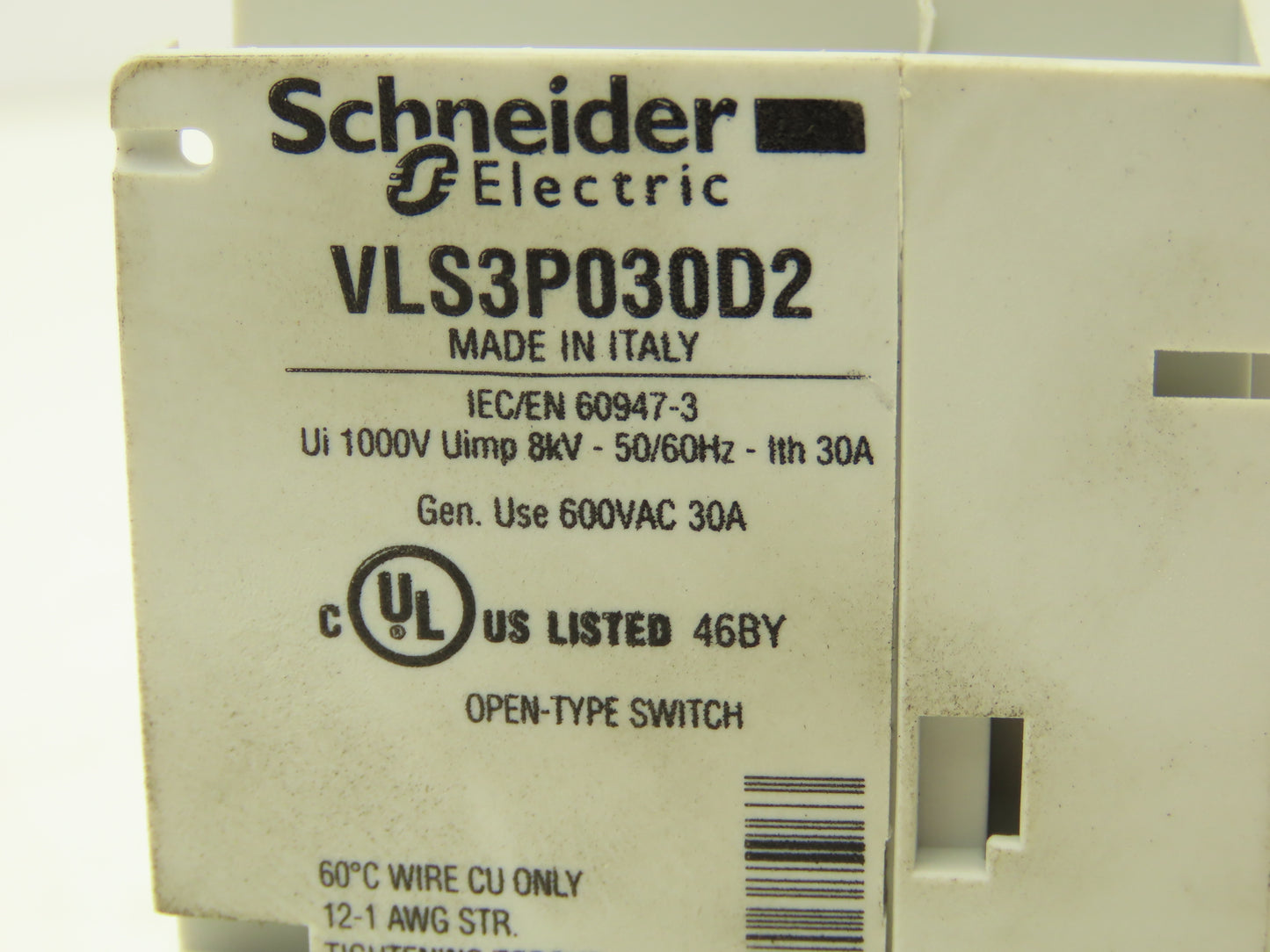 Schneider Electric VLS3P030D2 Disconnect Switch Non Fusible 30Hp 30A 600VAC 3Ph