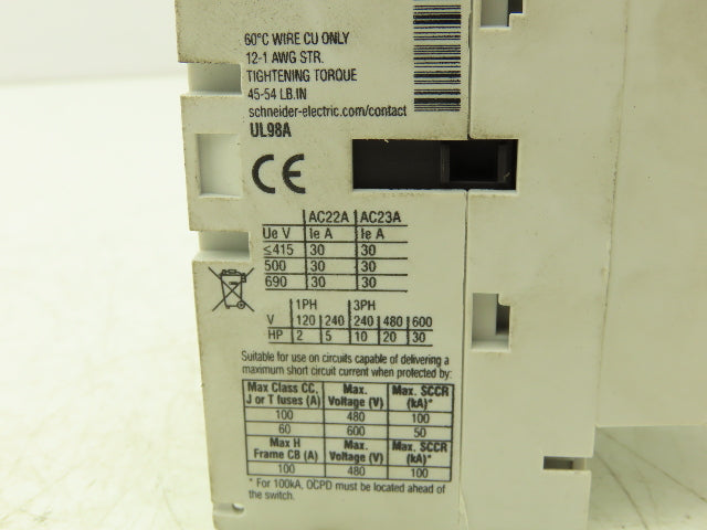 Schneider Electric VLS3P030D2 Disconnect Switch Non Fusible 30Hp 30A 600VAC 3Ph