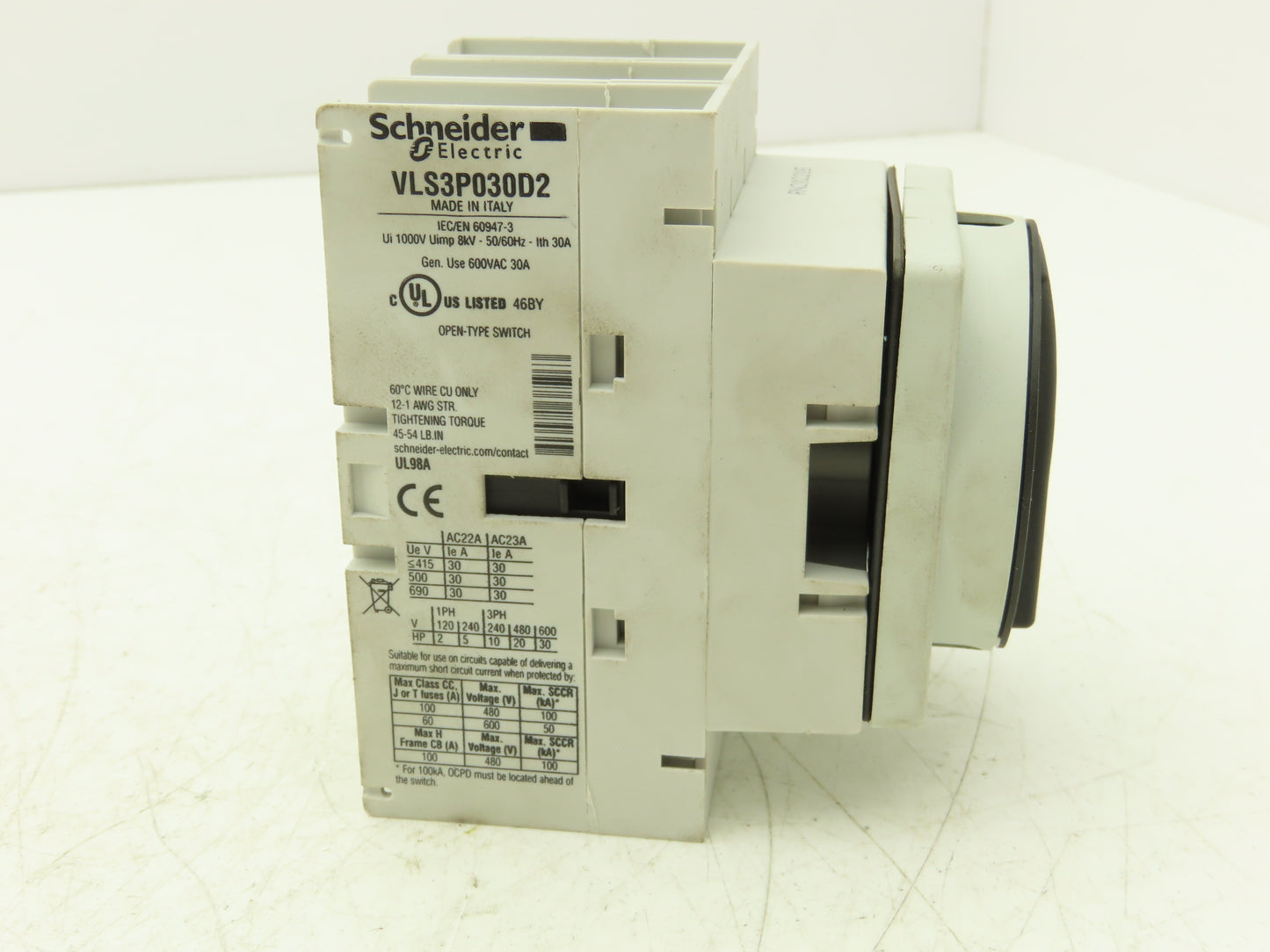 Schneider Electric VLS3P030D2 Disconnect Switch Non Fusible 30Hp 30A 600VAC 3Ph
