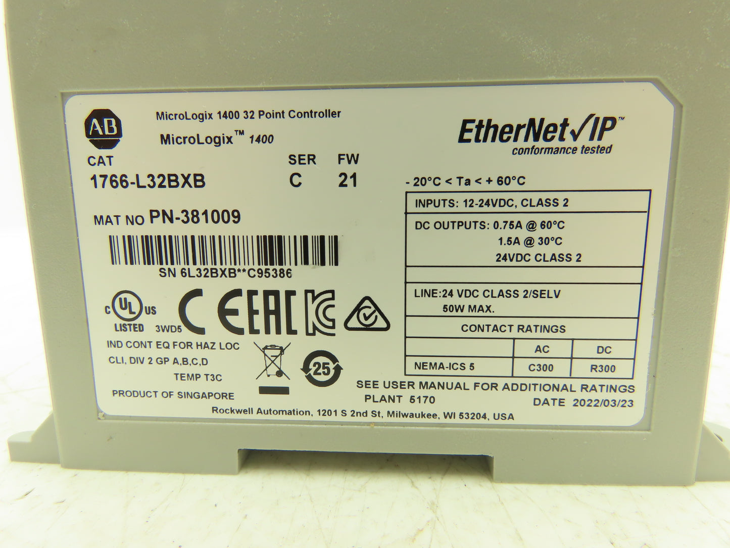 Allen Bradley 1766-L32BXB MicroLogix 1400 Controller Module 32 Point Ethernet