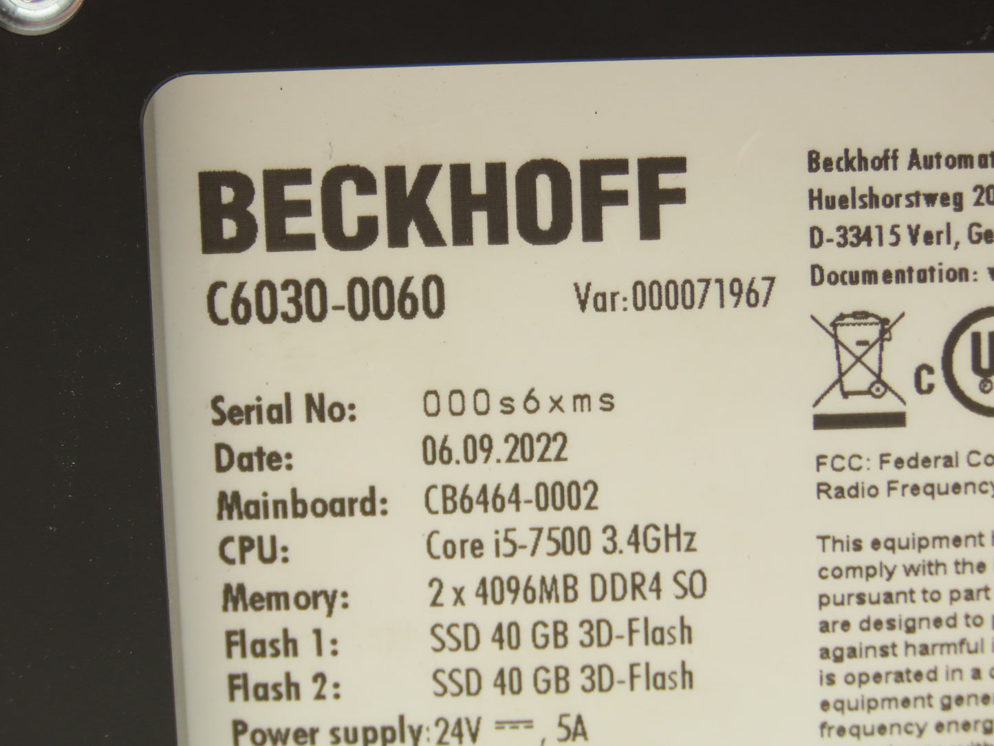 Beckhoff C6030 Ultra-Compact Industrial PC Core i5-7500 3.4GHz 24V 8192MB DDR4
